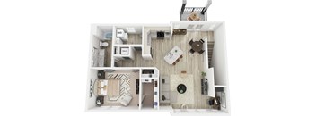 A top-down view of a small apartment with a living room, kitchen, and bathroom.