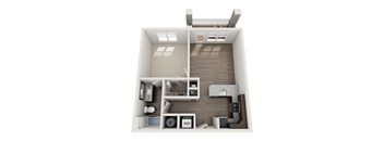 A top-down view of a small apartment with a kitchen, living room, and bathroom.