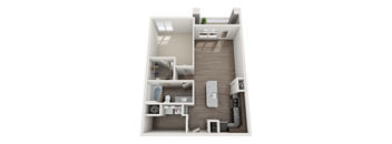A top-down view of a small apartment with a kitchen, living room, and bathroom.