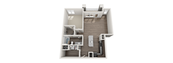 A 3D floor plan of a house with a kitchen, living room, and bathroom.