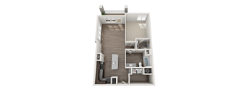 A top-down view of a small apartment with a kitchen, living room, and bathroom.