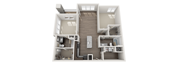 A 3D floor plan of a house with a kitchen, living room, and bedrooms.