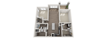 A 3D floor plan of a house with a living room, kitchen, and two bedrooms.