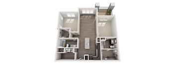 A 3D floor plan of a house with a living room, kitchen, and two bedrooms.
