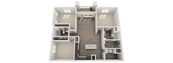 A 3D floor plan of a house with a staircase leading to the upper level.