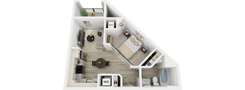 A 3D floor plan of a house with labeled rooms.
