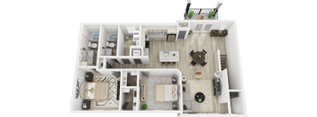 A top down view of a small apartment with a living room, kitchen, and bathroom.