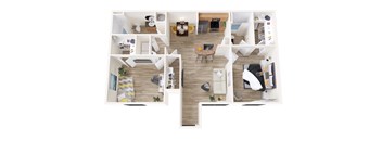 A top down view of a modern apartment with a living room, kitchen, and two bedrooms.