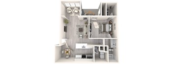 A 3D floor plan of a small apartment with a kitchen, living room, and bedroom.