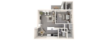 A 3D floor plan of a small apartment with a kitchen, living room, and bedroom.