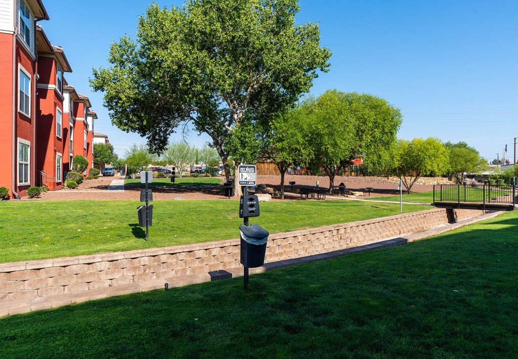 A grassy area with a mailbox and a tree in the foreground.