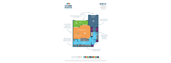 A colorful floor plan of a one bedroom apartment with labeled rooms and features.