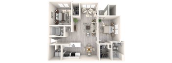 A 3D floor plan of a house with a kitchen, living room, and two bedrooms.