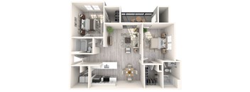 A 3D floor plan of a house with a kitchen, living room, and two bedrooms.