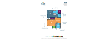 A floor plan for a 1 bedroom, 1 bathroom apartment at Otarte Pointe, featuring a living room, dining room, kitchen, and bathroom.