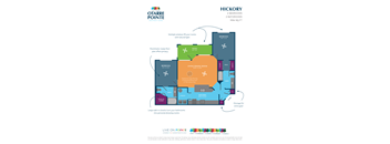 A floor plan for the Hickory apartment at Otarte Pointe shows a living room, dining room, kitchen, and bedrooms.