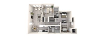 A 3D rendered image of a modern, minimalist house interior.