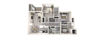 A 3D rendered image of a modern, minimalist house with a kitchen, living room, and bedroom.