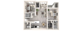 A 3D floor plan of a house showing the layout of the rooms.