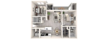 A 3D floor plan of a house showing the layout of the rooms.