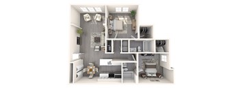 A 3D floor plan of a house with a kitchen, living room, and bathroom.