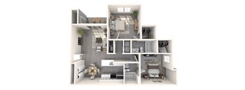 A 3D floor plan of a house with a kitchen, living room, and bathroom.