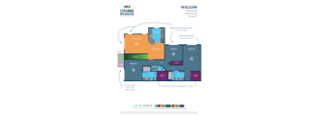 A floor plan of the Willow apartment at Otarte Pointe, showing a living room, dining room, kitchen, and three bedrooms.