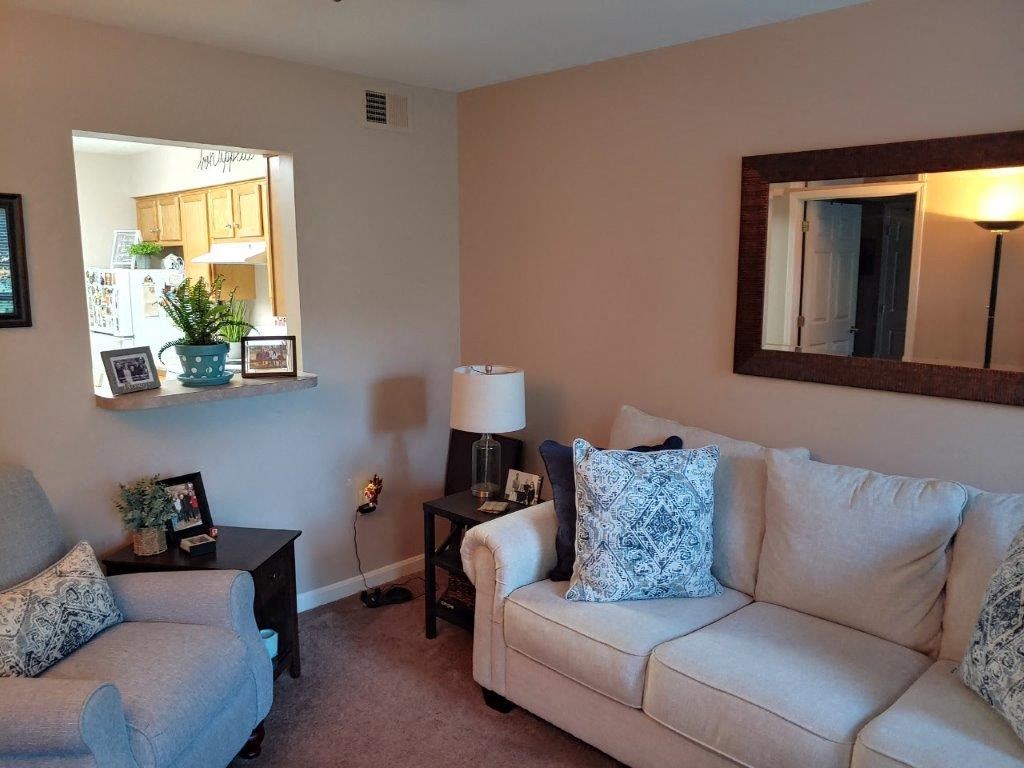 a living room with two couches and a mirror