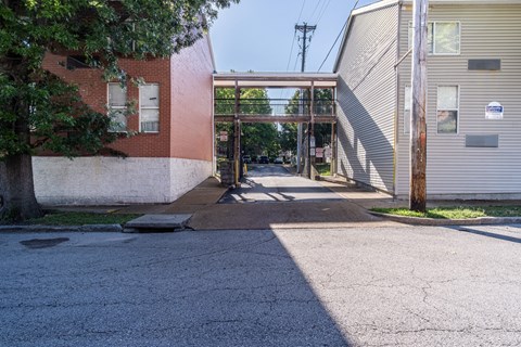 A parking lot with a building and a tree.