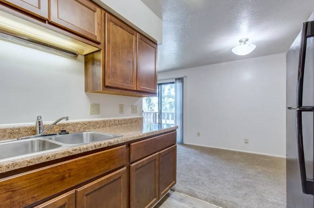a kitchen with a sink and a refrigerator