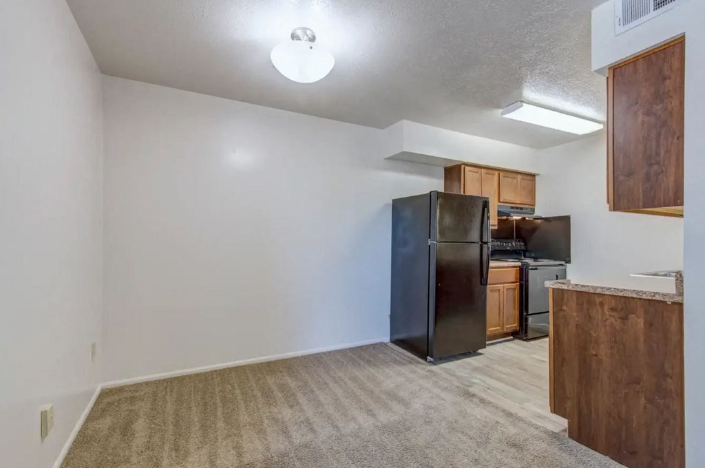 a kitchen with a black refrigerator freezer next to a black stove top oven