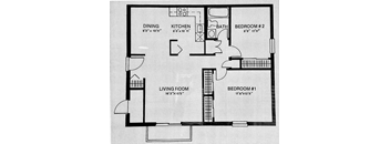 A black and white image of a floor plan for a house with a living room, dining room, kitchen, bathroom, and two bedrooms.