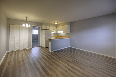 an empty living room and kitchen with wood floors