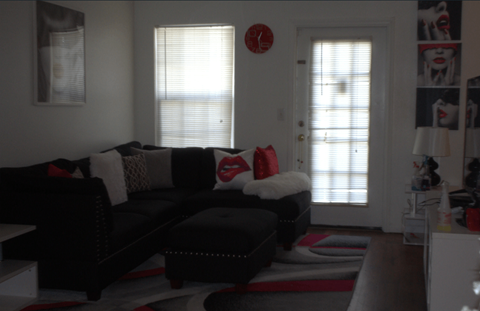 A living room with a black couch and a red and white rug.