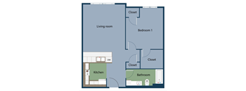 a floor plan of a studio apartment with a bedroom and a living room