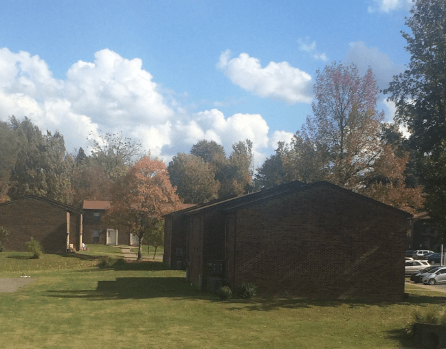 a barn in a field with trees in the background