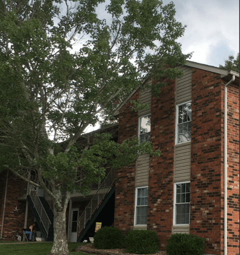 an apartment building with stairs and a tree in front of it