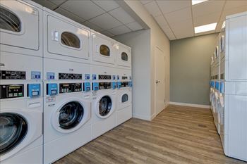A row of white front load washing machines in a laundromat.