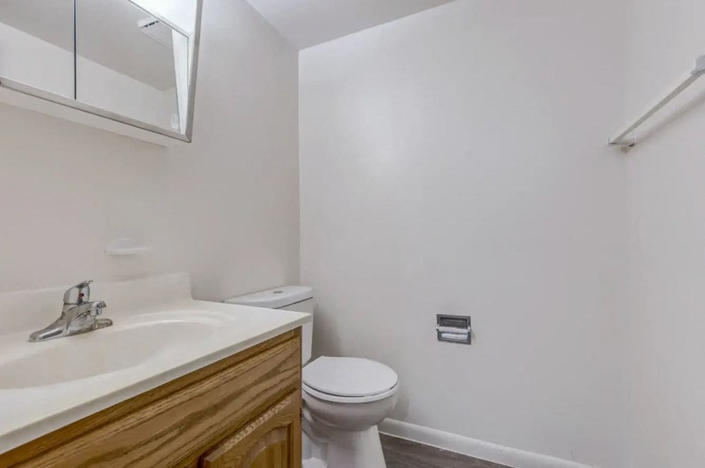 a bathroom with a sink toilet and mirror