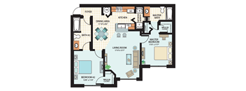 A floor plan of a living room, kitchen, and two bedrooms.