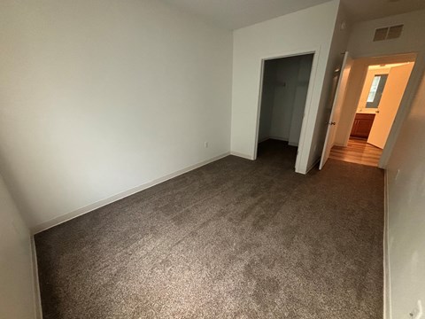 A room with a carpeted floor and a doorway leading to another room.