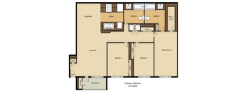 A floor plan of a house with a living room, two bedrooms, a kitchen, a dining room, two bathrooms, and a closet.