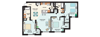 A floor plan of a house with a living room, dining area, kitchen, and three bedrooms.