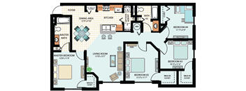 A floor plan of a house with a living room, dining area, kitchen, and four bedrooms.