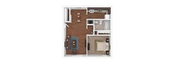 A floor plan of anapartment with a kitchen, living room, and one bedrooms.