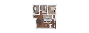 floor plan of a house with a kitchen, living room, dining room, and two bedrooms.