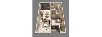 A 3D floor plan of a small apartment with a kitchen, living room, and bedroom.