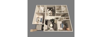 A 3D rendered image of a small apartment layout.