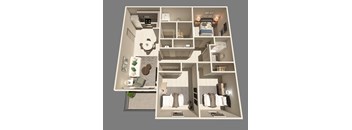 A 3D floor plan of a small apartment with a kitchen, living room, and bathroom.