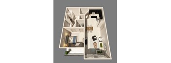 A 3D floor plan of a small apartment with a bedroom, living room, and kitchen.